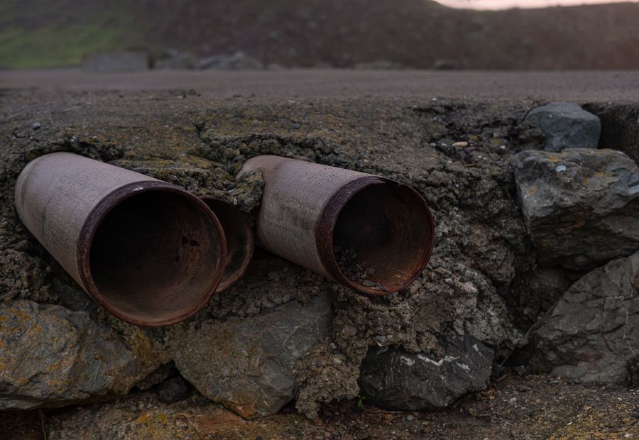 Rusted culvert pipe ends showing in a broken-down embankment