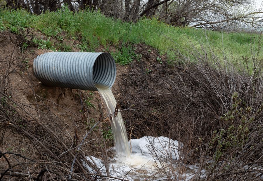 Corrugated metal culvert pipe emptying into a grassy ravine