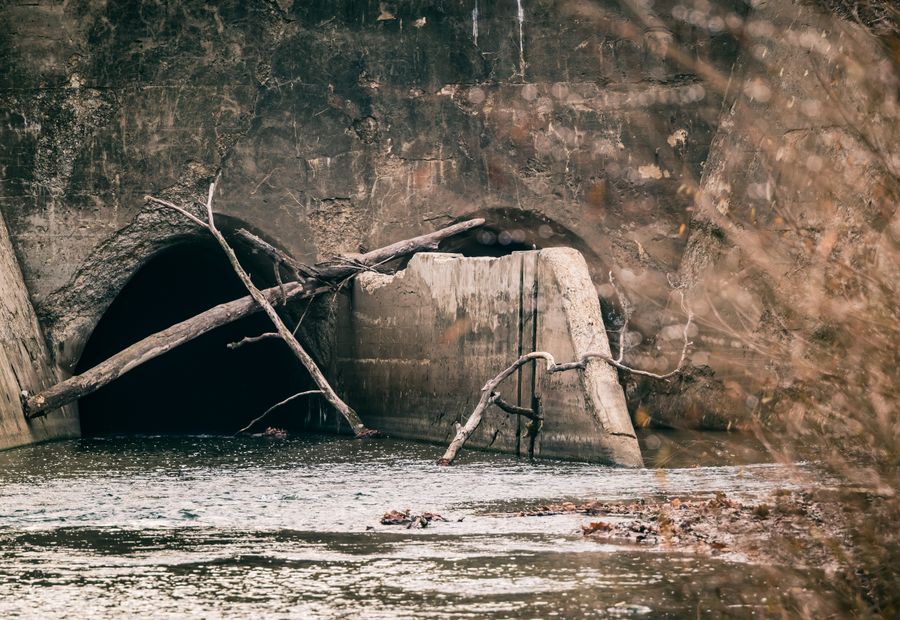 Two concrete culvert outlets discharging into a stream